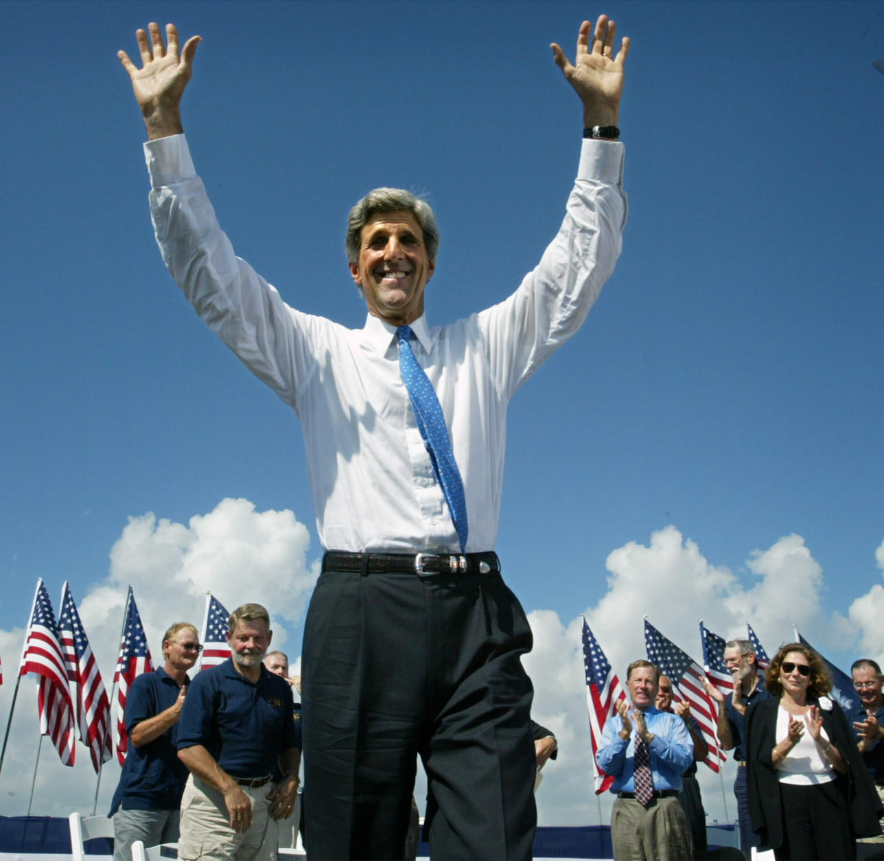 On this date in 2004, Sen. John Kerry accepted the Democratic presidential nomination at the party's convention in Boston with a military salute and the declaration: "I'm John Kerry and I'm reporting for duty." (AP Photo/Lawrence Jackson)