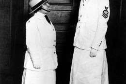 On this date in 1942, President Franklin D. Roosevelt signed a bill creating a women's auxiliary agency in the Navy known as "Women Accepted for Volunteer Emergency Service" - WAVES for short. In this image, Two female members of the Yeoman unit pose in New York City in April 1919 during World War I.  The second world war version of the Yeoman became WAVES.  (AP Photo/U.S. Navy)