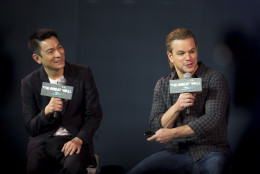 Actor Matt Damon, right, speaks next to Hong Kong movie star Andy Lau during a press conference of their latest movie The Great Wall held at a hotel in Beijing, China, Thursday, July 2, 2015. (AP Photo/Andy Wong)