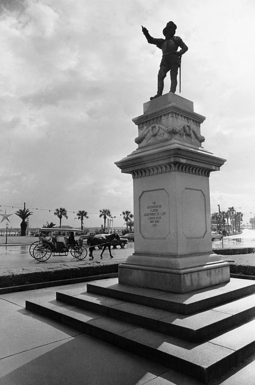 The statue of Ponce de Leon in St. Augustine, Fla., shown Dec. 23, 1964, stands on a spot near which he is supposed to have landed in 1513, when he named the land Florida and claimed it for Spain. The city, founded in 1565, is planning elaborate celebration of its 400 anniversary this year. But with a history of strife and storm, it fears a repetition of non-violent civil rights demonstrations of last summer which were met by violence by white racists. (AP Photo/Jim Kerlin)