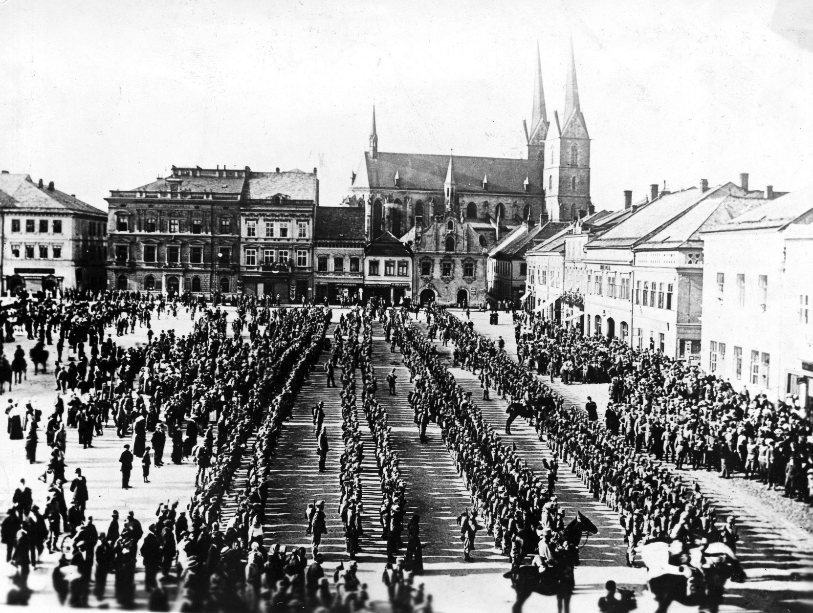 On this date in 1914, World War I began as Austria-Hungary declared war on Serbia. In this image, the 98th Austro-Hungarian Infantry Regiment parades before leaving for the front at the beginning of World War I, in Vysoke Myto, eastern Bohemia in July 1914. (AP Photo) 