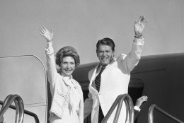 Former Gov. Ronald Reagan and his wife, Nancy, wave goodbye to crowd of newsmen Monday, July 14, 1980 in Los Angeles as he headed for the Republican National Convention in Detroit.
In 1980, former California Gov. Ronald Reagan won the Republican presidential nomination at the party's convention in Detroit. He won the Republican presidential nomination at the party's convention in Detroit on July 16, 1980. (AP Photo/Wally Fong)