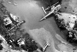 Aerial view looking down on the wreckage of helicopter which crashed into river bed on a movie location near Castaic, California on  July 23, 1982 killing veteran actor Vic Morrow and two Vietnamese child actors with him. (AP Photo)