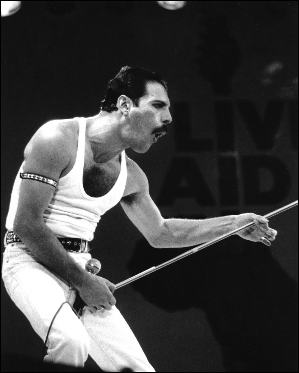 Freddy Mercury with Queen on stage at Live Aid on 13 July 1985 at Wembley Stadium, London.
(AP Photo/Mark Allan)