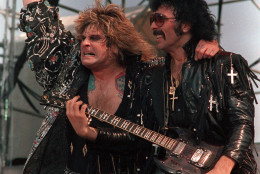 Ozzy Osbourne, left, and Tony Iommi of Black Sabbath perform during the Live Aid concert in Philadelphia, Pa., July 13, 1985.  (AP Photo/Rusty Kennedy)
