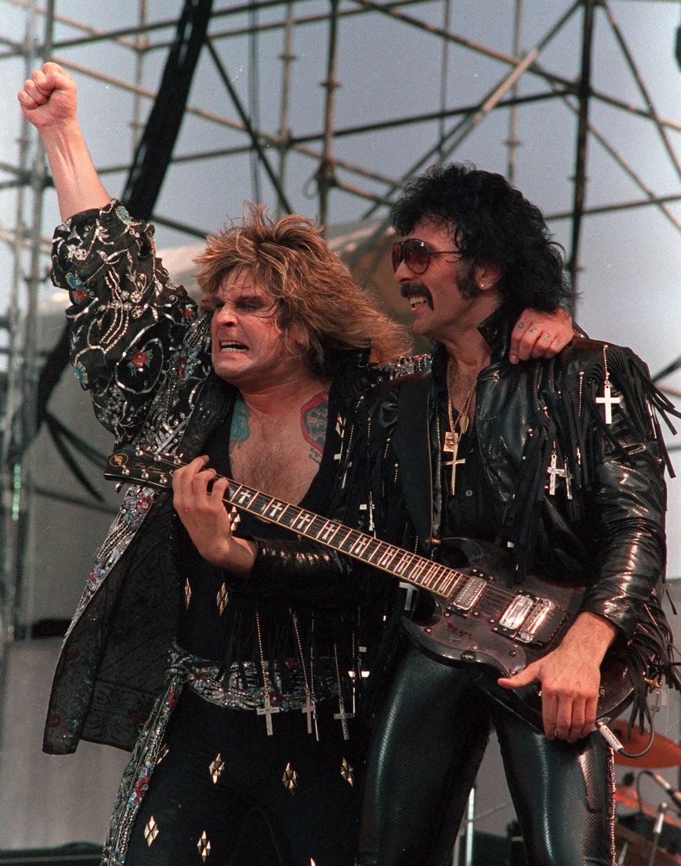 Ozzy Osbourne, left, and Tony Iommi of Black Sabbath perform during the Live Aid concert in Philadelphia, Pa., July 13, 1985.  (AP Photo/Rusty Kennedy)