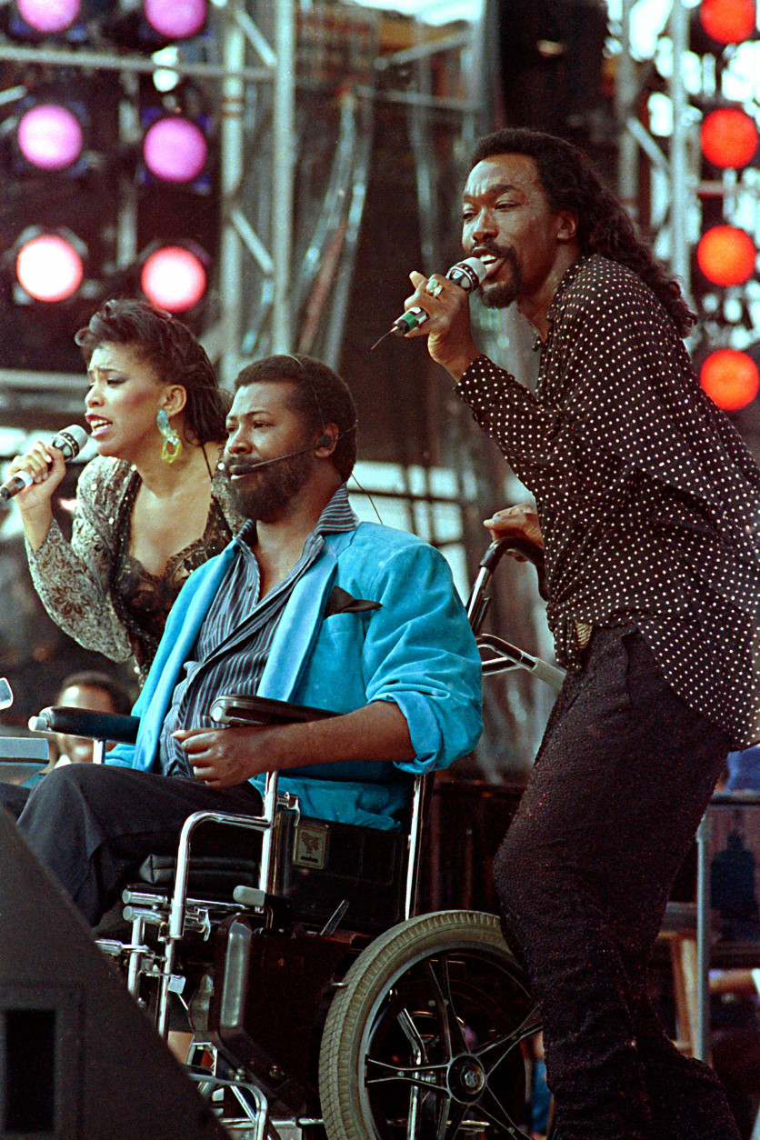 File -- In a July 13, 1985 file photo singers from left, Valerie Simpson, Teddy Pendergrass and Nicholas Ashford perform at JFK Stadium in Philadelphia Pa. during the Live Aid famine relief concert.   Pendergrass died Wednesday Jan. 13, 2010 in Philadelphia at age 59. (AP Photo/ Amy Sancetta)