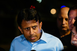 Louisiana Gov. Bobby Jindal speaks with the media following a deadly shooting at the Grand Theatre in Lafayette, La., Thursday, July 23, 2015. (AP Photo/Denny Culbert)