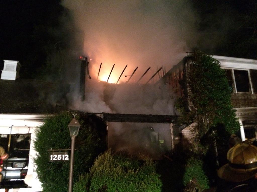 A two-story house is on fire on White Drive in Colesville, and firefighters are still searching for the occupants. (Montgomery County Fire and Rescue/Pete Piringer)