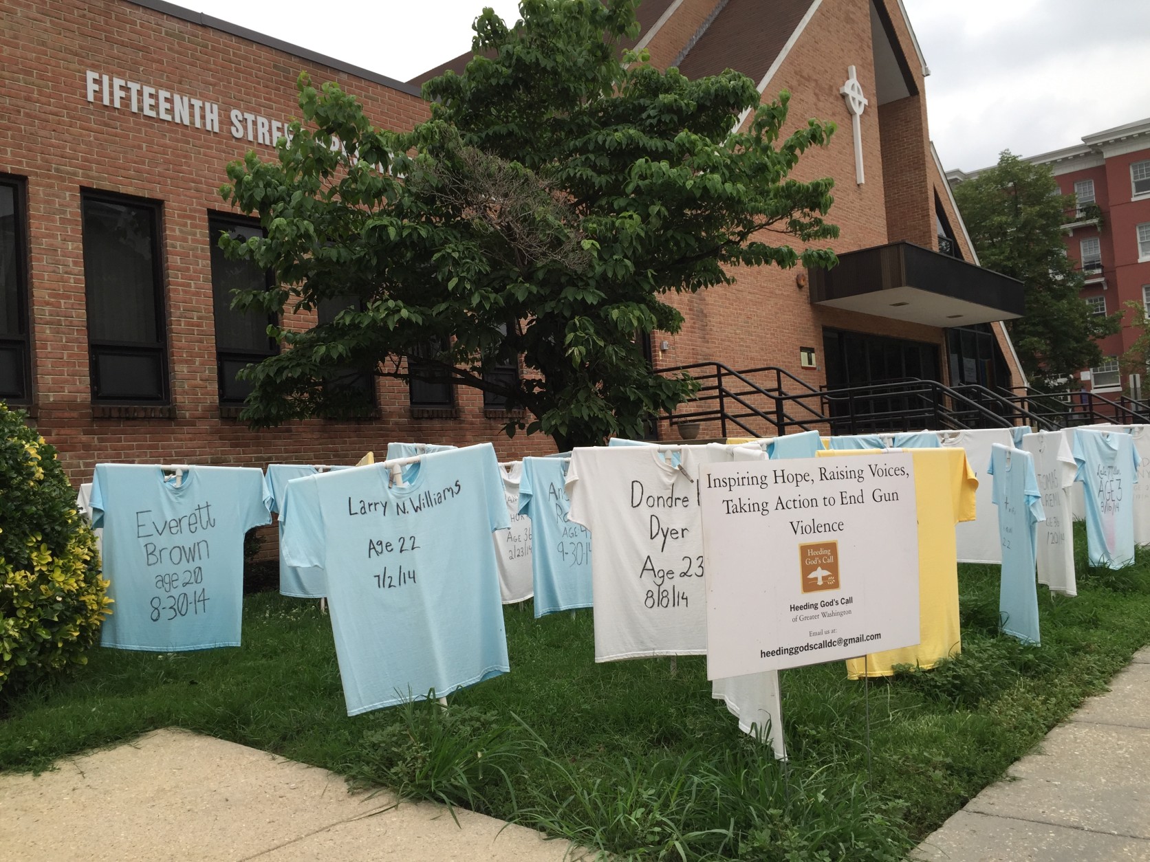 The shirts at 15th Street Presbyterian Church honoer those killed by gun violence. (WTOP/Andrew Mollenbeck)