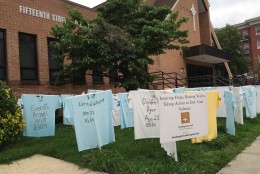 The shirts at 15th Street Presbyterian Church honoer those killed by gun violence. (WTOP/Andrew Mollenbeck)
