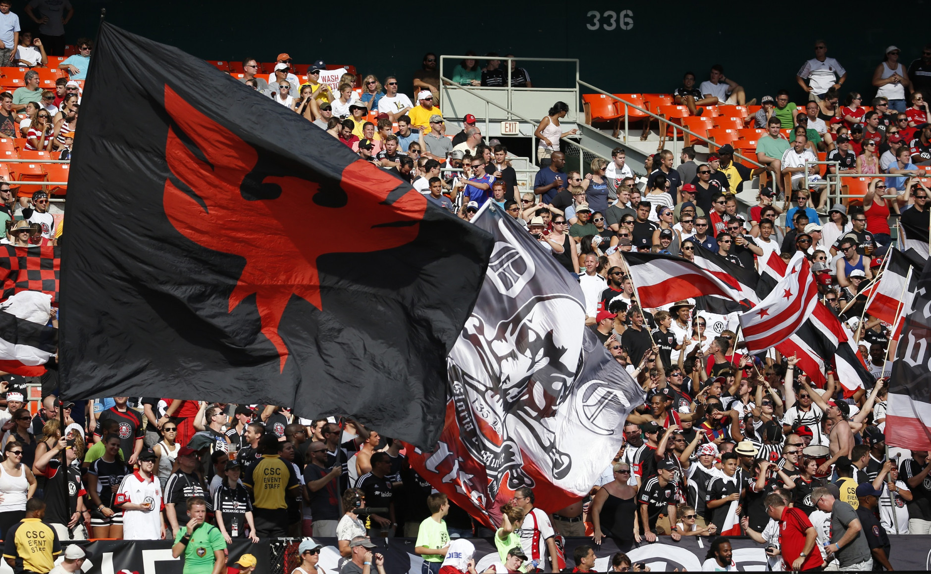 D.C. United fans cheer during the second half of an MLS soccer match against the New York Red Bulls, at RFK Stadium, Sunday, Aug. 31, 2014, in Washington. United won 2-0. (AP Photo/Alex Brandon)
