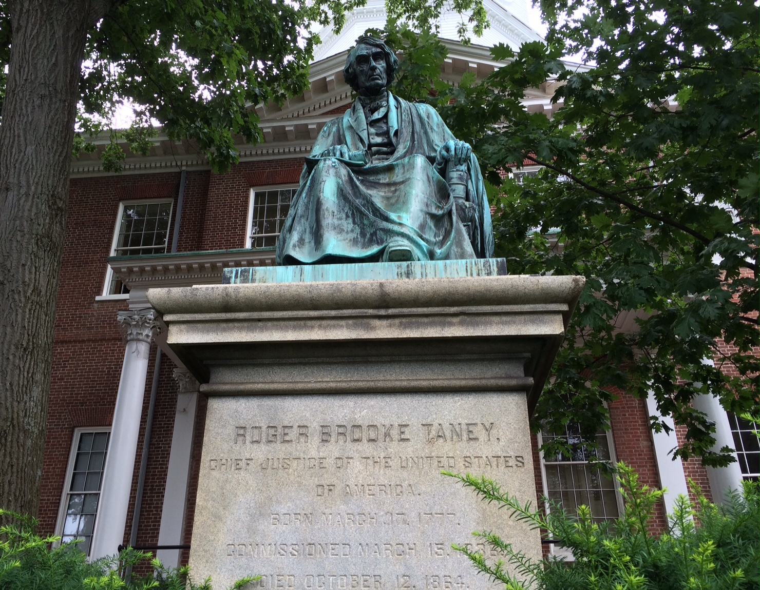 FILE — The statue of Roger B. Taney, a Maryland native who served as the chief justice of the Supreme Court, sits on the south entrance of the Maryland State House. (WTOP/Kate Ryan)