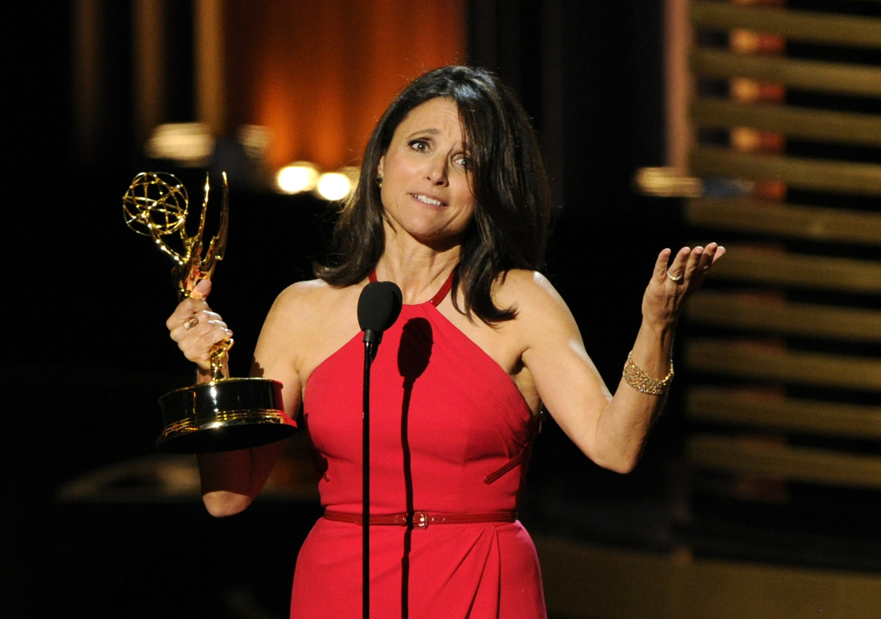 Julia Louis-Dreyfus accepts the award for outstanding lead actress in a comedy series for her work on Veep at the 66th Annual Primetime Emmy Awards at the Nokia Theatre L.A. Live on Monday, Aug. 25, 2014, in Los Angeles. (Photo by Chris Pizzello/Invision/AP)