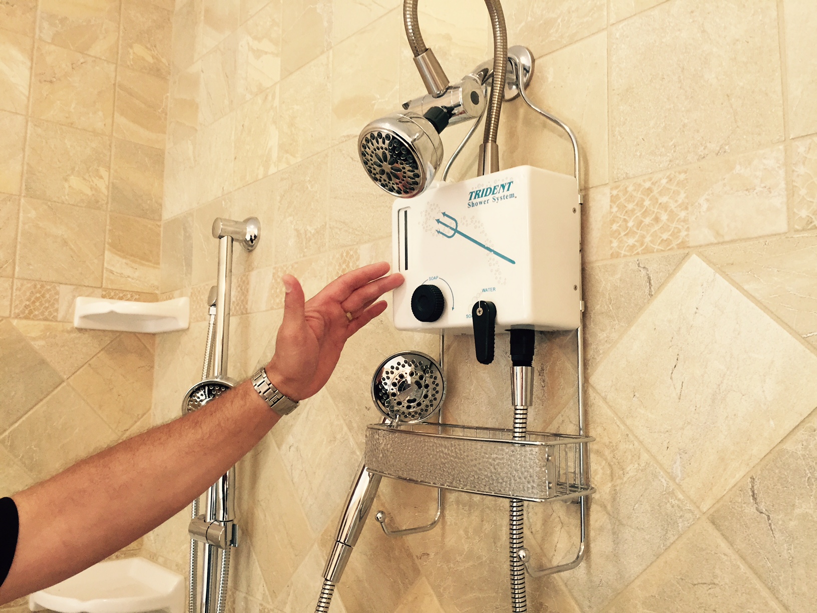 A high-tech shower in the bathroom. (WTOP/Max Smith)