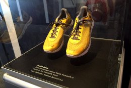 The exhibit features the shoes worn by team mascot Teddy Roosevelt during his first win in the Presidents Race in October 2012 after seven losing seasons. #LetTeddyWin. (WTOP/Kristi King)
