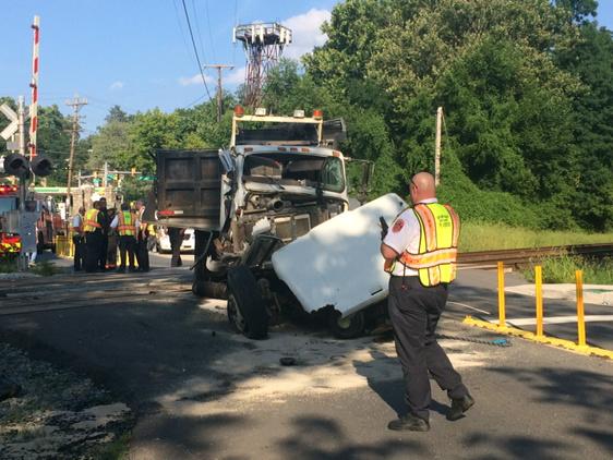 A front look at the dump truck which was hit by the train. (WTOP/Mike Murillo)