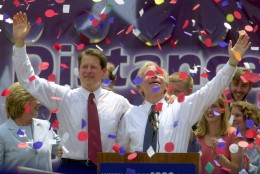 In 2000, Vice President and Democratic presidential candidate Al Gore selected Connecticut Sen. Joseph Lieberman as his running mate; Lieberman became the first Jewish candidate on a major party's presidential ticket. Gore and Lieberman are seen here on Aug. 8, 2000 at a rally in Nashville. (AP Photo/Mark Humphrey)
