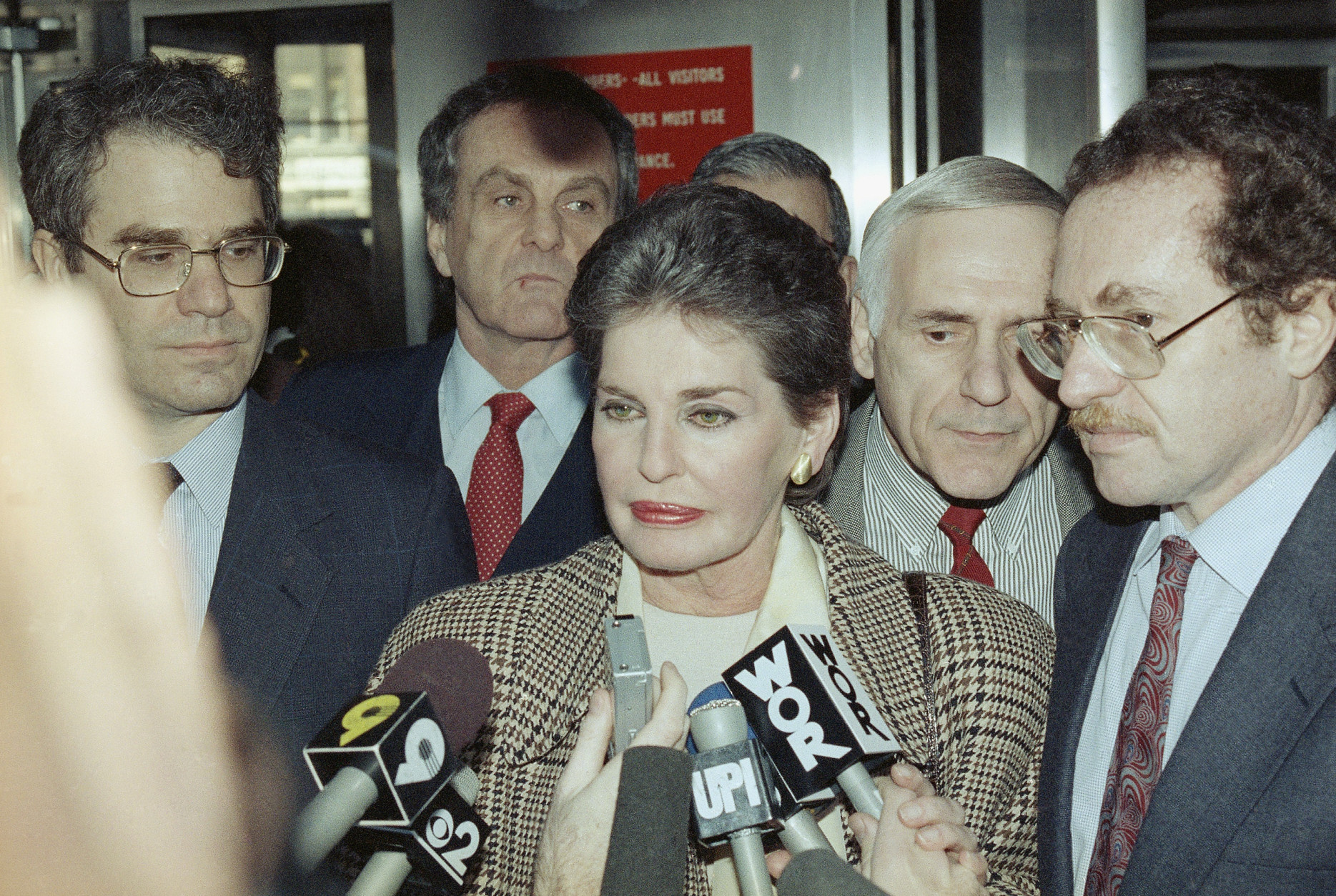 Leona Helmsley, New York City hotel owner meets with the press in the 1990 photo.   Helmsley was convicted of federal income tax evasion in 1989 and she served 19 months in prison.   She was married to Harry Helmsley,  a multi-millionaire real estate investor.   Together, the Helmsleys focused on their hotel empire.  (AP Photo)