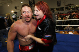 Danny Bonaduce is met by his girlfriend Amy Railsback, Saturday, Jan. 24, 2009, following a celebrity boxing match in Aston Pa. against former baseball player Jose Canseco. The former TV star from "The Partridge Family" turns 56 on Aug. 13, 2015.  (AP Photo/ Joseph Kaczmarek)
