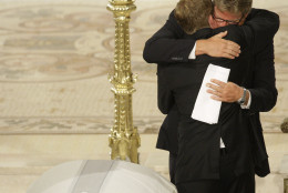 On this date in 2009, Sen. Edward M. Kennedy died at age 77 in Hyannis Port, Massachusetts, after a battle with a brain tumor. Here, Edward Kennedy Jr., hugs his brother Rep. Patrick Kennedy, D-R.I.,at the Roman Catholic Funeral Mass for Sen. Edward M. Kennedy at Our Lady of Perpetual Help Basilica in Boston Saturday, Aug. 29, 2009. (AP Photo/Alex Brandon)