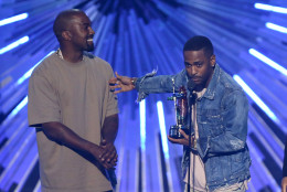 Kanye West, left, and Big Sean accept the award for video with a social message for One Man Can Change the World at the MTV Video Music Awards at the Microsoft Theater on Sunday, Aug. 30, 2015, in Los Angeles. (Photo by Matt Sayles/Invision/AP)