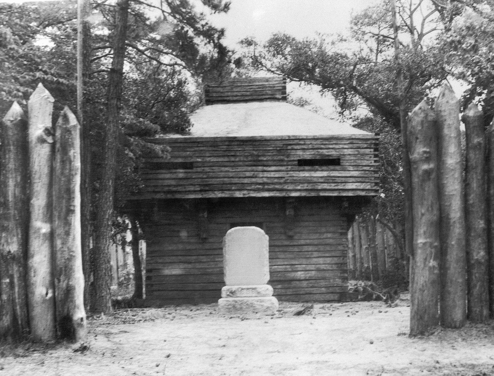 In this image provided by the Works Progress Administration, blockhouse and monument to Virginia Dare, Roanoke Island, South Carolina, Aug. 23, 1937. (AP Photo/Works Progress Administration) NO SALES