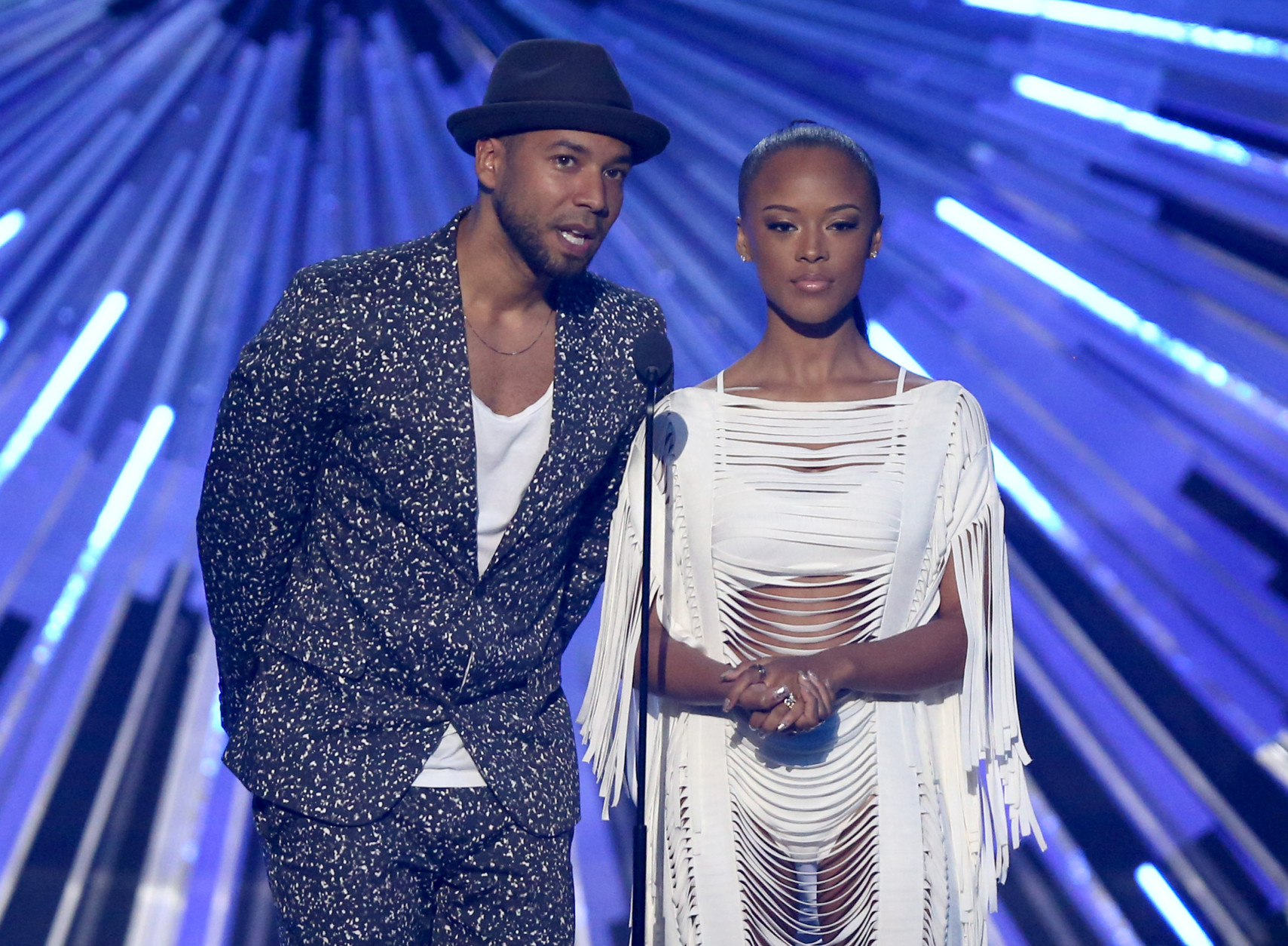 Jussie Smollett, left, and Serayah present the award for video with a social message at the MTV Video Music Awards at the Microsoft Theater on Sunday, Aug. 30, 2015, in Los Angeles. (Photo by Matt Sayles/Invision/AP)