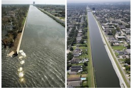 This combination of Sept. 3, 2005 and July 29, 2015 aerial photos show the 17th Street Canal flood wall breach and the Lakeview section of New Orleans flooded by Hurricane Katrina and the same area a decade later. Katrina's powerful winds and driving rain bore down on Louisiana on Aug. 29, 2005. The storm caused major damage to the Gulf Coast from Texas to central Florida while powering a storm surge that breached the system of levees that were built to protect New Orleans from flooding. (AP Photo/Haraz N. Ghanbari, Gerald Herbert)
