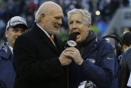 Sportscaster Terry Bradshaw is 67 on Sept. 2. Here, Seattle Seahawks head coach Pete Carroll talks with  Bradshaw after an  NFL football NFC Championship game against the Green Bay Packers Sunday, Jan. 18, 2015, in Seattle.  (AP Photo/Ted S. Warren)