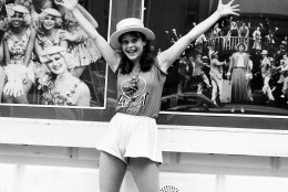 On this date in 1980, the Broadway musical "42nd Street" opened. Here, performer Lisa Brown poses outside the Majestic Theater in New York City on June 30, 1982. (AP Photo/Suzanne Vlamis)