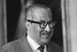Solicitor General Thurgood Marshall is pictured after his nomination by President Johnson to be an associate justice of the U.S. Supreme Court, June 13, 1967. If confirmed, he will be the first black man to sit on the high bench and will succeed Justice Tom Clark, who has retired.  (AP Photo/Henry Griffin)