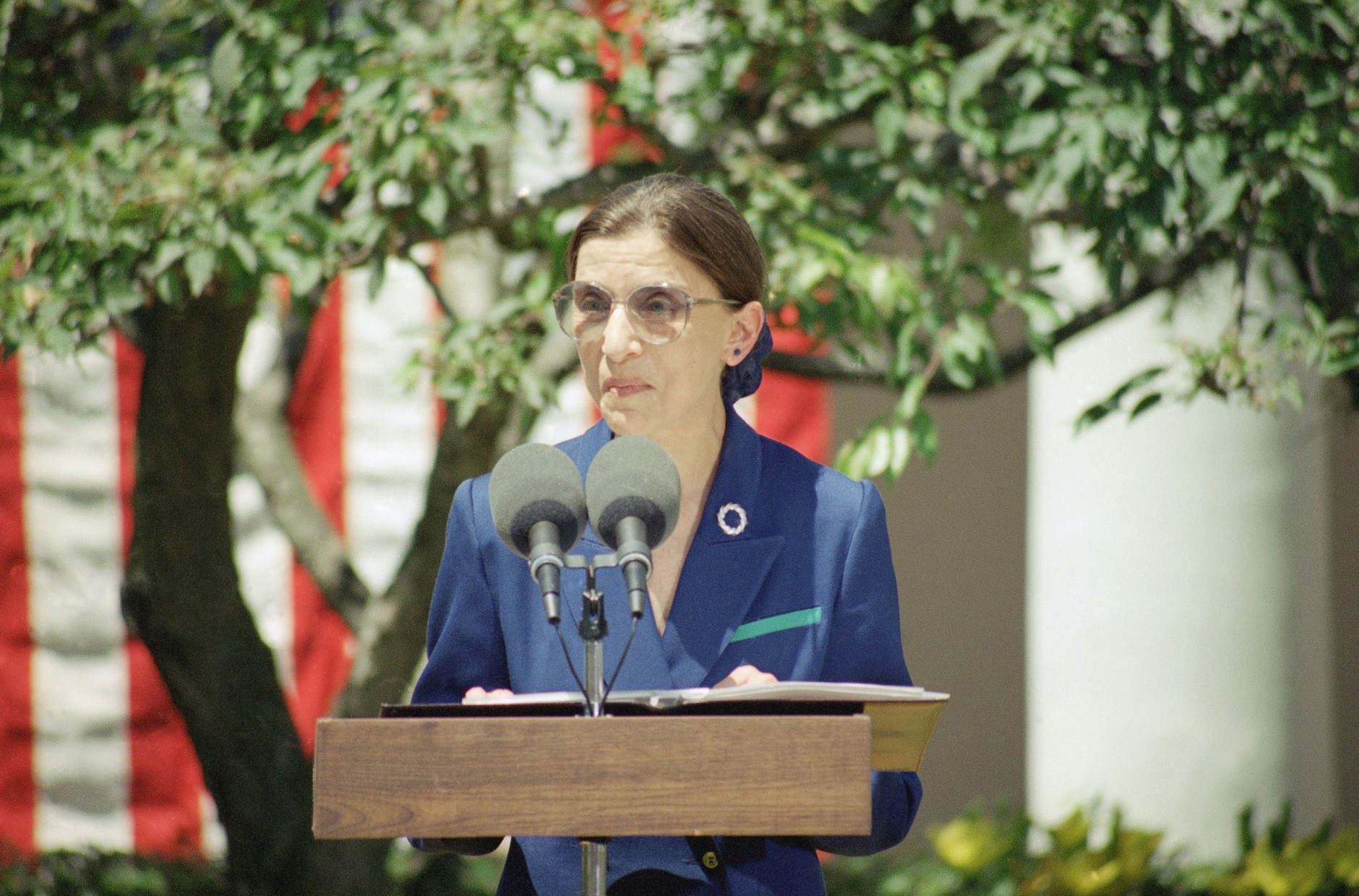 On this date in 1993, Ruth Bader Ginsburg was sworn in as the second female justice on the U.S. Supreme Court. Here, she addresses reporters in the Rose Garden of the White House on Monday, June 14, 1993. (AP Photo/J. Scott Applewhite)