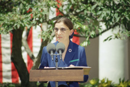 On this date in 1993, Ruth Bader Ginsburg was sworn in as the second female justice on the U.S. Supreme Court. Here, she addresses reporters in the Rose Garden of the White House on Monday, June 14, 1993. (AP Photo/J. Scott Applewhite)
