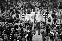 This was the scene around the speaker's rostrum as GOP national committee chairman Leonard Hall called the Republican National Convention to order, Aug. 20, 1956, in San Francisco's Cow Palace.  (AP Photo)