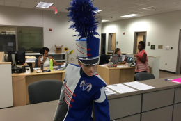 The band gets some love in the front office of the new Riverside High School. (WTOP/Kristi King)