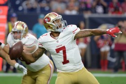 San Francisco 49ers' Colin Kaepernick (7) throws against the San Francisco 49ers during the first half of an NFL preseason football game, Saturday, Aug. 15, 2015, in Houston. (AP Photo/George Bridges)