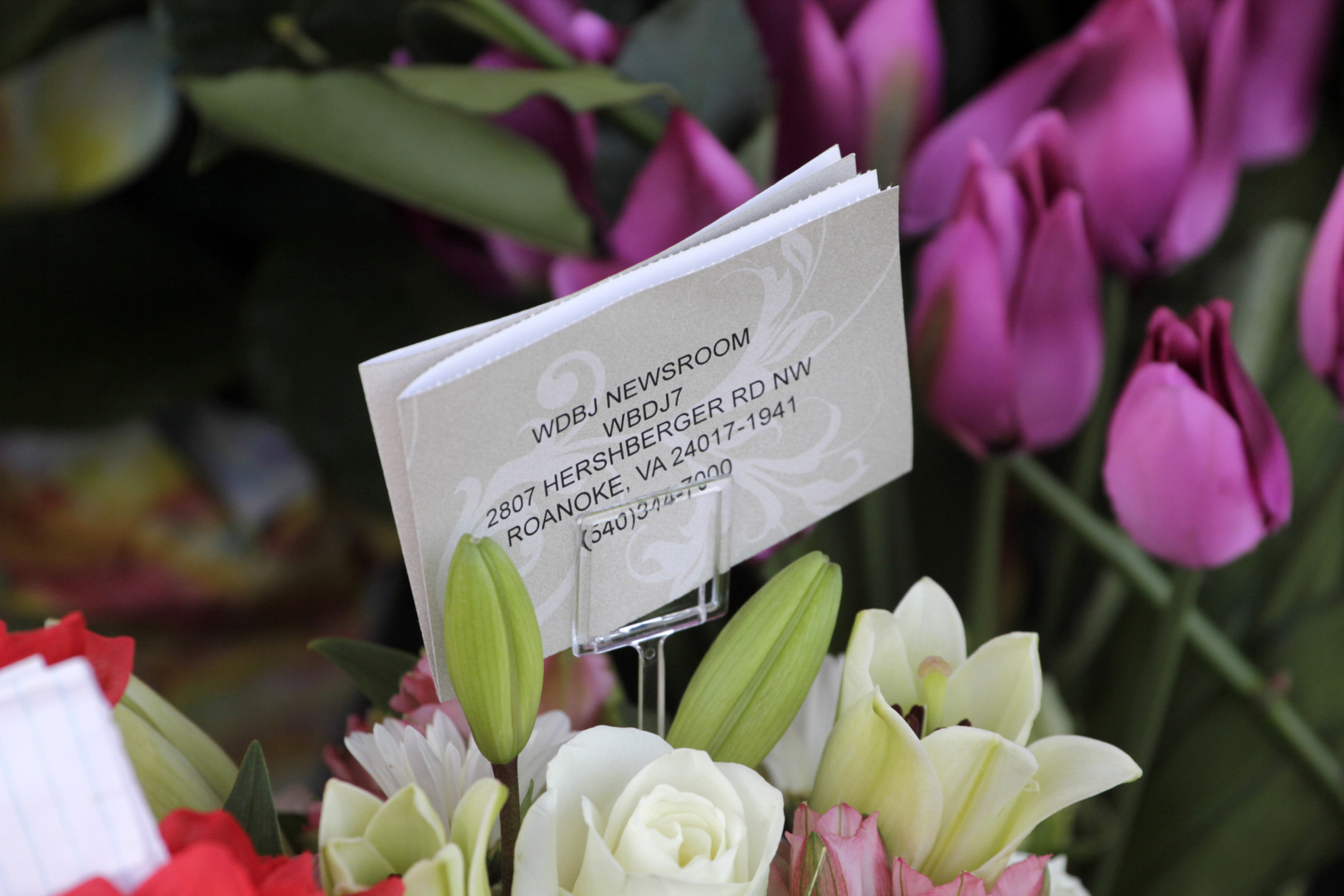 ROANOKE, VA - AUGUST 26: Flowers are left for the two journalists rnalist that were killed this morning during a live broadcast on August 26, 2015 in Roanoke, Virginia. Two employees of WDBJ TV were killed this morning during a live broadcast at Bridgewater Plaza on Smith Mountain Lake. The victims have been identified as reporter Alison Parker and cameraman Adam Ward. Parker, 24 and Ward, 27, worked for WDBJ in Roanoke, Virginia. The suspect, Vester Lee Flanigan, also known as Bryce Williams, died of a self-inflicted gunshot wound. (Photo by Jay Paul/Getty Images)