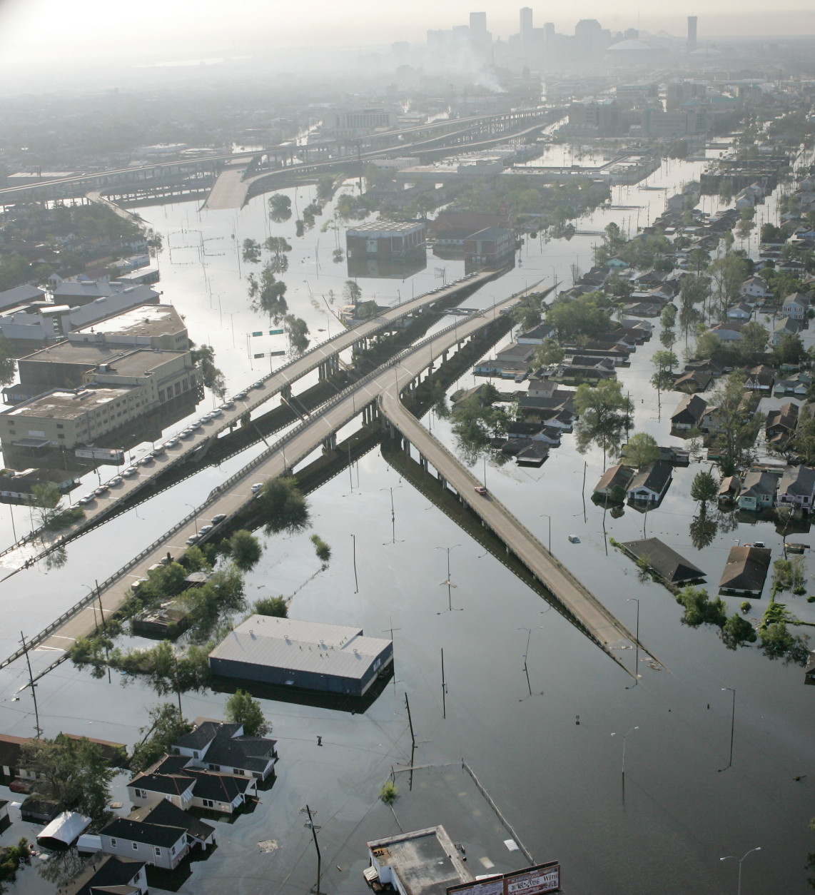 Flood waters from Hurricane Katrina fill the streets near downtown New Orleans Tuesday, Aug. 30, 2005 in New Orleans. Hurricane Katrina did extensive damage when it made landfall on Monday. (AP Photo/David J. Phillip)