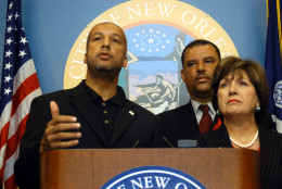 New Orleans Mayor C. Ray Nagin, left, Councilman Oliver Thomas and Louisiana Gov. Kathleen Blanco speak during a news conference about Hurricane Katrina, Saturday, Aug. 27, 2005. Residents of low-lying coastal communities were told Saturday to pack up and head for higher ground before Hurricane Katrina strengthens and takes a ``possible direct hit'' on southeast Louisiana. (AP Photo/Cheryl Gerber)