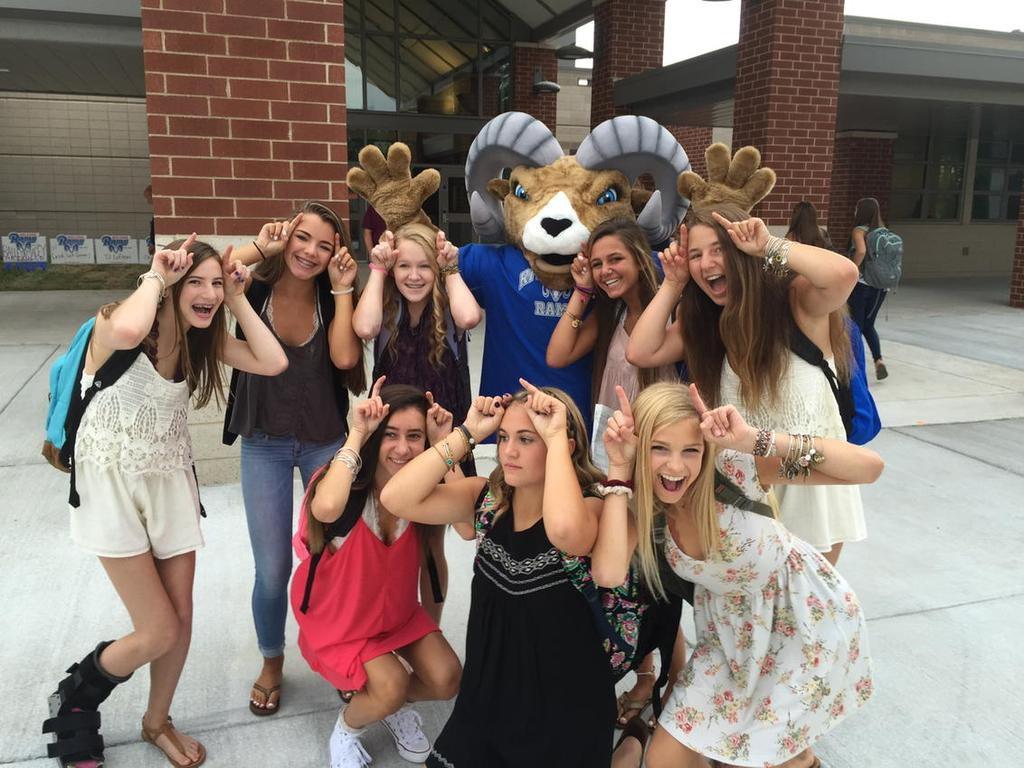 A mascot group shot at the new Riverside High School, in Loudoun County. (WTOP/Kristi King)