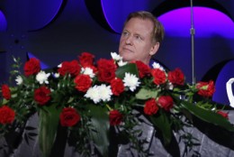National Football League commissioner Roger Goodell attends the Pro Football Hall of Fame Gold Jacket Ceremony in Canton, Ohio, Thursday, Aug. 6, 2015. (AP Photo/Gene J. Puskar)