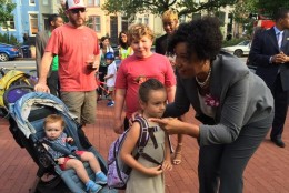 Mayor Muriel Bowser welcomes kids back to school for the 2015-2016 academic year with her "Slow Down" campaign. (Photo: WTOP/Kristi King)
