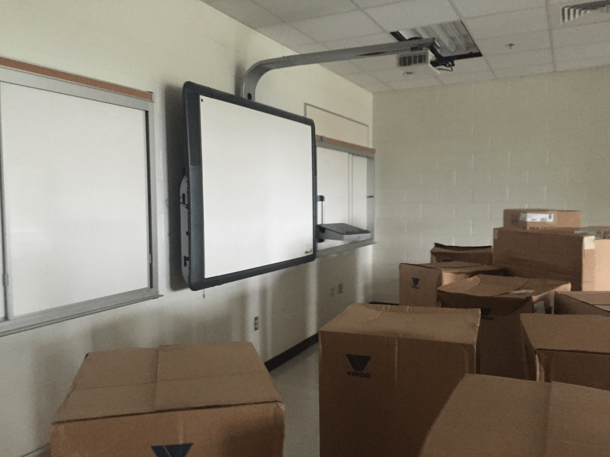 Some classrooms have their technology, but are waiting for desks and other equipment to be set up. (WTOP/Max Smith)
