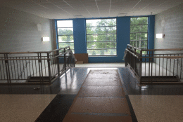 The widest staircase in the building includes a view. Principal expects that once the school day begins, this will be the place that sees the most action between periods. (WTOP/Max Smith)