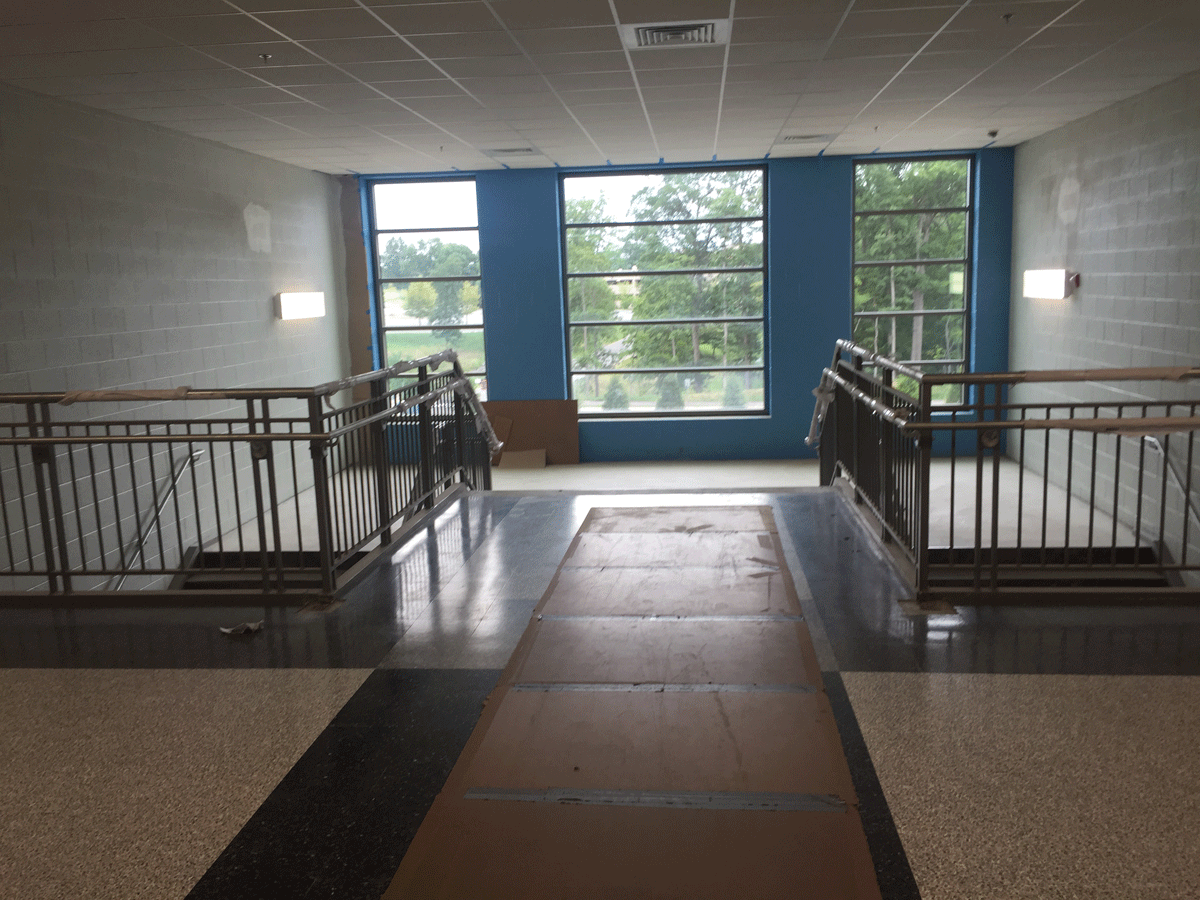 The widest staircase in the building includes a view. Principal expects that once the school day begins, this will be the place that sees the most action between periods. (WTOP/Max Smith)