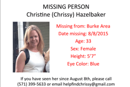 Police are searching for Chrissy Hazelbaker, 33, of Fairfax County. (Courtesy Lisa Owings)
