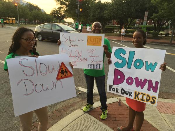 Mayor Muriel Bower's "Slow Down" campaign in full effect on the first day of school. (Photo: WTOP/Kristi King)