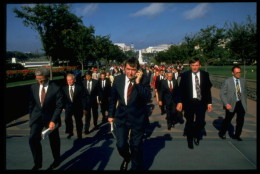 Parade of Repub. congressional incumbents &amp; contenders marching to Capitol bldg. to sign Newt Gingrich's Contract with America during 1994 campaigns.  (Photo by Stephen Jaffe/Image Works/Image Works/The LIFE Images Collection/Getty Images)