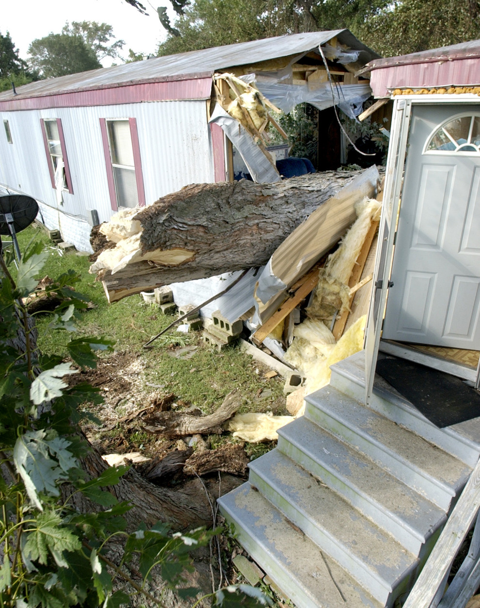 A tree, that fell through this trailer near Parksley, Va. killing one resident Thursday night during high winds from Hurricane Isabel, is seen on Friday Sept. 19, 2003.   (AP Photo/Scott Neville)